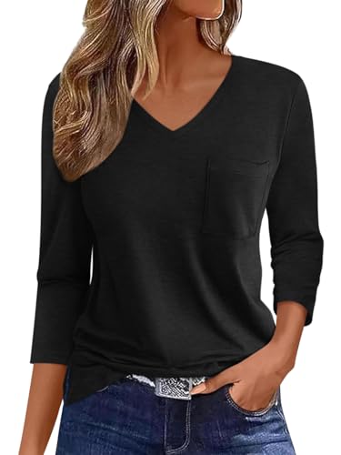 Onsoyours Shirt Damen 3/4 Arm V-Ausschnitt mit Tasche Tshirt Einfarbig Leichte Tops Klassische Oberteil Basic Shirt A Schwarz L von Onsoyours