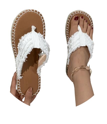 Onsoyours Sommer Damen Pantoffeln Badeschuhe Schlappen lässige Strand Slippers Flip Flop Sandalen mit Quaste Strand Slip-On Flache Schuhe Sommerschuhe für Frauen Mädchen B Weiß 39 EU von Onsoyours