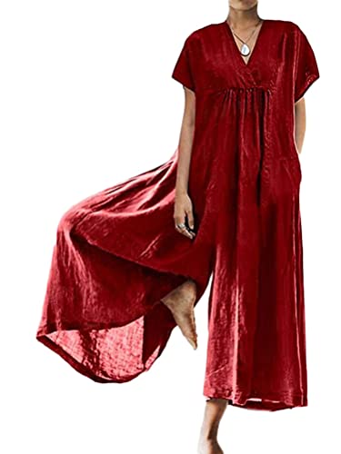 Onsoyours Sommer Jumpsuit Damen Lässige Overalls Baumwolle Leinen Latzhose Elegant Lang Sommerhose Baggy Weites Bein Hosen mit Taschen Playsuit A Rot XXL von Onsoyours