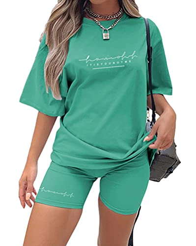 Onsoyours Sommer Kurzarm Top Shorts Set für Damen Casual Freizeitanzug Rundhals Einfarbig Lose Sportbekleidung Zweiteiler Briefdruck Jogginganzug Outfits Grün L von Onsoyours