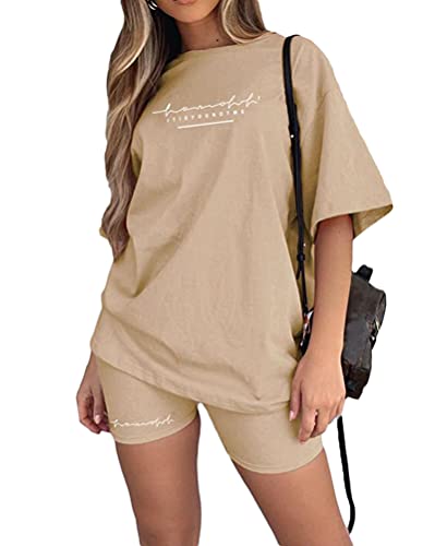 Onsoyours Sommer Kurzarm Top Shorts Set für Damen Casual Freizeitanzug Rundhals Einfarbig Lose Sportbekleidung Zweiteiler Briefdruck Jogginganzug Outfits Khaki L von Onsoyours