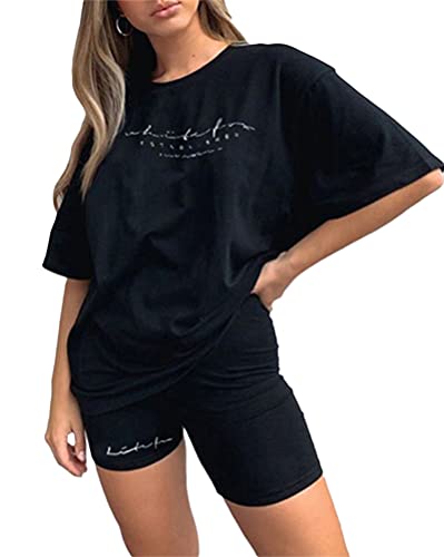 Onsoyours Sommer Kurzarm Top Shorts Set für Damen Casual Freizeitanzug Rundhals Einfarbig Lose Sportbekleidung Zweiteiler Briefdruck Jogginganzug Outfits Schwarz M von Onsoyours