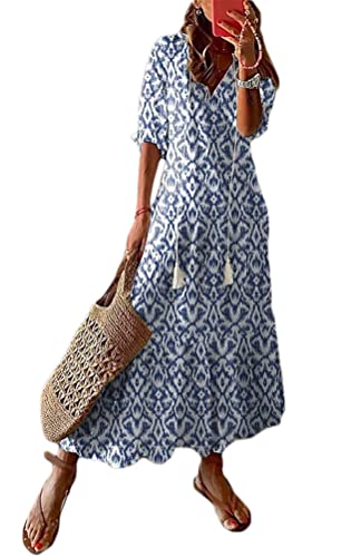 Onsoyours Sommer Lang V-Ausschnitt Wickelkleider Damen Casual Kurzarm Blumen Boho Rüschen Maxikleider Strandkleider Swing Freizeitkleid Strandkleid Cocktailkleid Hellblau 3XL von Onsoyours