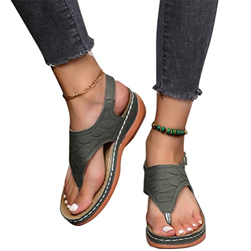 Onsoyours Sommer Neue Damen Feature Muster Keil Flip-Flops Orthopädische Sandalen für Damen Flip Flops mit Fußgewölbestütze Sommer Pool Strand Hausschuhe Mit Schnallenriemen A Armeegrün 39 EU von Onsoyours