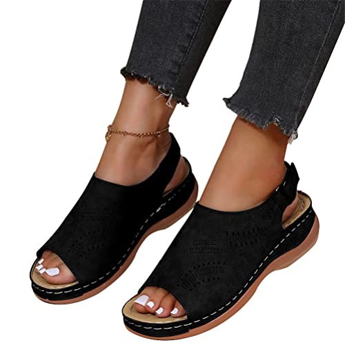 Onsoyours Sommer Neue Damen Feature Muster Keil Flip-Flops Orthopädische Sandalen für Damen Flip Flops mit Fußgewölbestütze Sommer Pool Strand Hausschuhe Mit Schnallenriemen B Schwarz 39 EU von Onsoyours