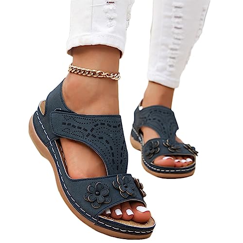 Onsoyours Sommer Neue Damen Feature Muster Keil Flip-Flops Orthopädische Sandalen für Damen Flip Flops mit Fußgewölbestütze Sommer Pool Strand Hausschuhe Mit Schnallenriemen C Dunkelblau 39 EU von Onsoyours