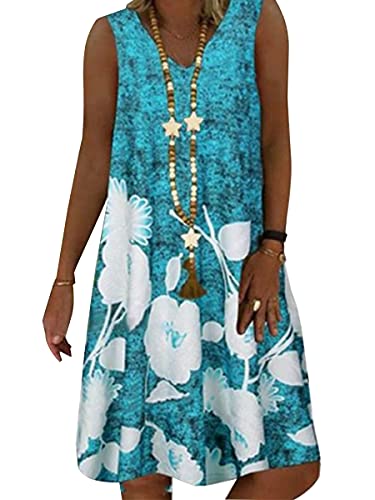 Onsoyours Sommerkleid Damen Ärmellos Strandkleid Einfarbig A-Linie Lose Kleid Boho Blumendruck Knielang Kleid Freizeitkleid Minikleid Vestkleid E Blau 40 von Onsoyours