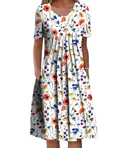 Onsoyours Sommerkleid Damen Casual Kleid Freizeit Blumenmuster Boho Midi Kleider Elegant Kurzarm Rundhals Tunika Kleider Hohe Taille A Linie Kleid T-Shirt Strandkleid mit Taschen C Rot M von Onsoyours