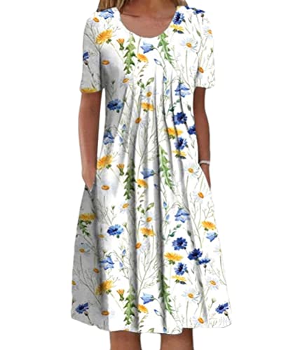 Onsoyours Sommerkleid Damen Casual Kleid Freizeit Blumenmuster Boho Midi Kleider Elegant Kurzarm Rundhals Tunika Kleider Hohe Taille A Linie Kleid T-Shirt Strandkleid mit Taschen C Weiß L von Onsoyours