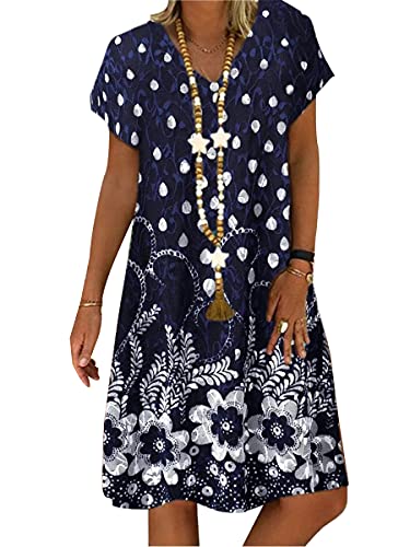 Onsoyours Sommerkleid Damen Casual Lose Kurzarm T-Shirt Kleid Knielang Freizeitkleid Tunika Einfarbig/Blumen Elegant Swing Kleider Mit Taschen F Dunkelblau 44 von Onsoyours