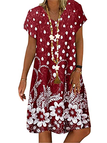 Onsoyours Sommerkleid Damen Casual Lose Kurzarm T-Shirt Kleid Knielang Freizeitkleid Tunika Einfarbig/Blumen Elegant Swing Kleider Mit Taschen F Rot 48 von Onsoyours