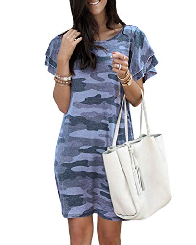 Onsoyours Sommerkleid Damen Casual Lose Kurzarm T-Shirt Kleider Camouflage Print Frauen Freizeitkleid Elegant Boho Blumen Strand Kleider Blau 44 von Onsoyours