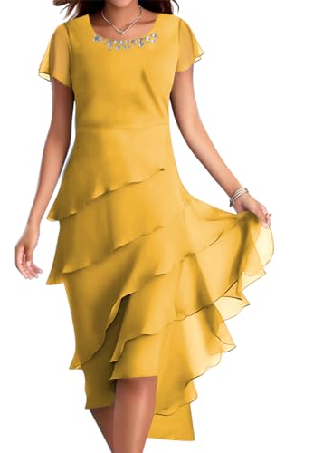 Onsoyours Sommerkleid Damen Chiffon Rundhalsausschnitt Cocktailkleid Knielang Abendkleid Kurz Festkleid A Linie Kleid Patchwork Freizeitkleid Elegant Hochzeitsgäste Minikleid B01 Gelb M von Onsoyours
