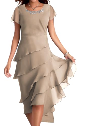 Onsoyours Sommerkleid Damen Chiffon Rundhalsausschnitt Cocktailkleid Knielang Abendkleid Kurz Festkleid A Linie Kleid Patchwork Freizeitkleid Elegant Hochzeitsgäste Minikleid B01 Kamel L von Onsoyours