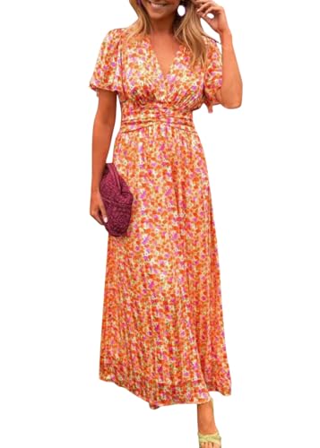 Onsoyours Sommerkleid Damen Elegant Blumenkleid Kurzarm Maxikleid V-Ausschnitt Strandkleid Druck Lange Kleider A-Linie Freizeitkleider Hohe Taille Cocktailkleider A Orange L von Onsoyours