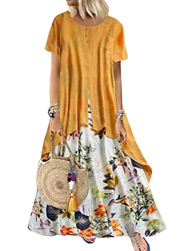 Onsoyours Sommerkleid Damen Elegant Boho Strandkleider Mode Bedruckter Patchwork Casual Lose Leinenkleid Retro Maxikleid Groß A Gelb 50 von Onsoyours
