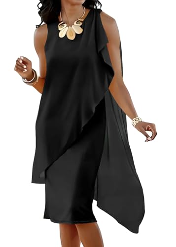 Onsoyours Sommerkleid Damen Elegant Chic Chiffon Kleider Rundhals Cocktailkleid Ärmelloses Abendkleid Unregelmäßiges Hochzeitsgäste Festkleid Freizeitkleid A Schwarz L von Onsoyours