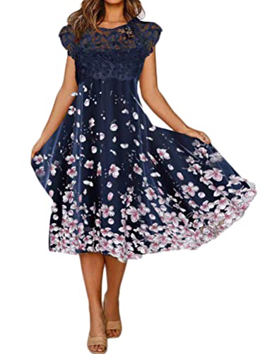 Onsoyours Sommerkleid Damen Elegant Knielang Swing Kleid Casual A-Linie Partykleid Blümchen Kleid Freizeitkleid V-Ausschnitt Kurzarm Blumen Boho Strandkleid E Blau 3XL von Onsoyours