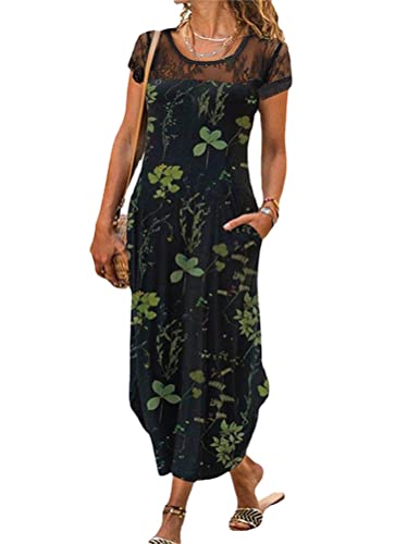 Onsoyours Sommerkleid Damen Elegant Schulterfrei Rundhals Spitzen Strandkleider T-Shirt Lang Kleider Boho Bedrucktes Freizeitkleider Einfarbiges Lose Maxikleid A Schwarz XL von Onsoyours