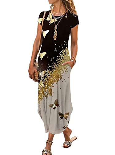 Onsoyours Sommerkleid Damen Elegant Schulterfrei Rundhals Spitzen Strandkleider T-Shirt Lang Kleider Boho Bedrucktes Freizeitkleider Einfarbiges Lose Maxikleid D Schwarz L von Onsoyours