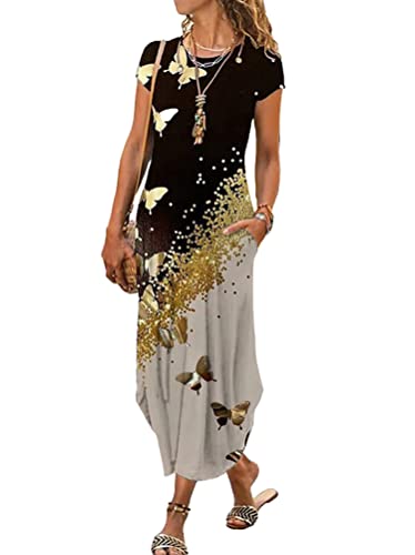Onsoyours Sommerkleid Damen Elegant Schulterfrei Rundhals Spitzen Strandkleider T-Shirt Lang Kleider Boho Bedrucktes Freizeitkleider Einfarbiges Lose Maxikleid D Schwarz M von Onsoyours