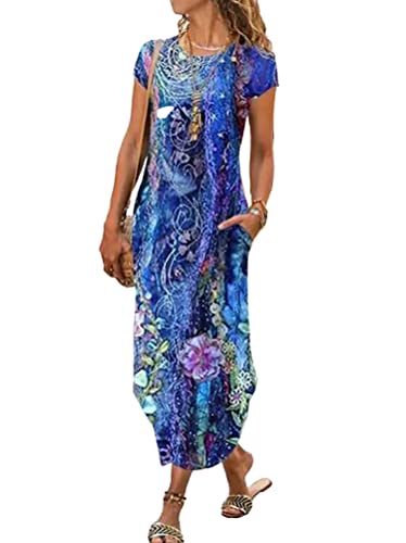 Onsoyours Sommerkleid Damen Elegant Schulterfrei Rundhals Spitzen Strandkleider T-Shirt Lang Kleider Boho Bedrucktes Freizeitkleider Einfarbiges Lose Maxikleid F Blau XXL von Onsoyours