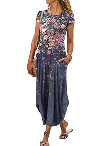 Onsoyours Sommerkleid Damen Elegant Schulterfrei Rundhals Spitzen Strandkleider T-Shirt Lang Kleider Boho Bedrucktes Freizeitkleider Einfarbiges Lose Maxikleid G Grau M von Onsoyours