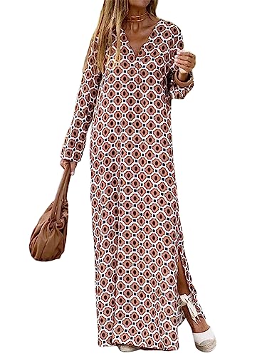 Onsoyours Sommerkleid Damen Freizeit Kleid Elegant V-Ausschnitt Langarm Bedrucktes Strandkleid Casual Lose Lang Kleid mit Schlitz Boho Vintage Maxi Kleider B Braun 3XL von Onsoyours