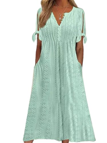 Onsoyours Sommerkleid Damen Freizeitkleid Öse Casual V-Ausschnitt Kurzarm Knielang Kleid Strandkleid Einfarbig Kleid A Grün L von Onsoyours