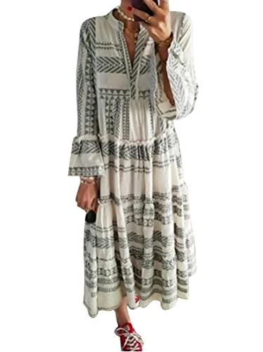 Onsoyours Sommerkleid Damen Kleid Elegant V-Ausschnitt Langarm Bedrucktes Strandkleid Casual Lose Lang Kleid Boho Vintage Maxi Kleider D Grau S von Onsoyours