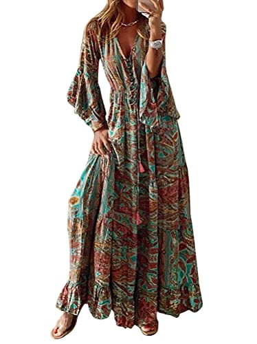 Onsoyours Sommerkleid Damen Kleid Elegant V-Ausschnitt Langarm Bedrucktes Strandkleid Casual Lose Lang Kleid Boho Vintage Maxi Kleider E Blau XS von Onsoyours