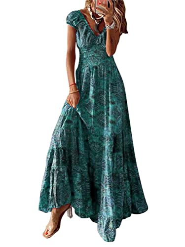 Onsoyours Sommerkleid Damen Kleid Elegant V-Ausschnitt Langarm Bedrucktes Strandkleid Casual Lose Lang Kleid Boho Vintage Maxi Kleider F Grün S von Onsoyours