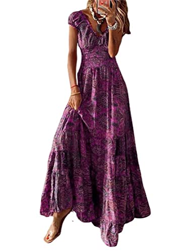 Onsoyours Sommerkleid Damen Kleid Elegant V-Ausschnitt Langarm Bedrucktes Strandkleid Casual Lose Lang Kleid Boho Vintage Maxi Kleider F Violett XXL von Onsoyours