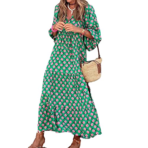 Onsoyours Sommerkleid Damen Kleid Elegant V-Ausschnitt Langarm Bedrucktes Strandkleid Casual Lose Lang Kleid Boho Vintage Maxi Kleider G Grün S von Onsoyours