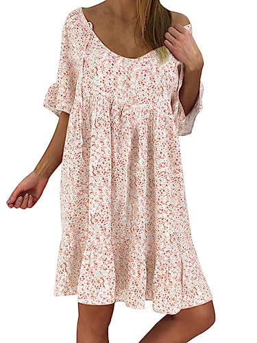 Onsoyours Sommerkleid Damen Kurzarm Elegant V-Ausschnitt Knopfleiste Polka Dot Kurze Strand Freizeitkleider B Rosa DE 46 von Onsoyours