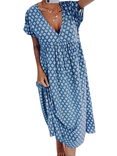 Onsoyours Sommerkleid Damen Lang Strandkleid V Ausschnitt Strandkleider Kleider Tunika Floral Kleid Kurzarm Bohokleid A-Linie Kleid Sommer Blumenkleid A Blau XXL von Onsoyours