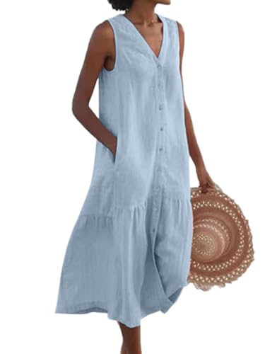 Onsoyours Sommerkleid Damen Leinen Kleider Casual Lockere Lässige Lang Kleider Ärmelloses Strandkleid Leinenkleid Blusenkleid Freizeitkleid mit Taschen A Hellblau 3XL von Onsoyours