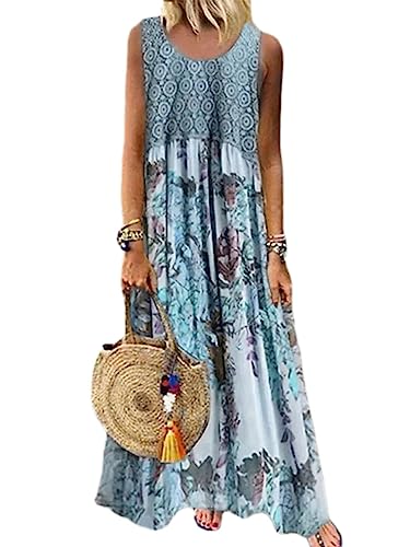Onsoyours Sommerkleid Damen Leinen Kleider Casual V-Ausschnitt Midikleid A-Linie Kleid Strandkleid T-Shirt Kleider Lässiges Rundhals Boho Vintage Partykleid Tunika Kleid C Blau 46 von Onsoyours