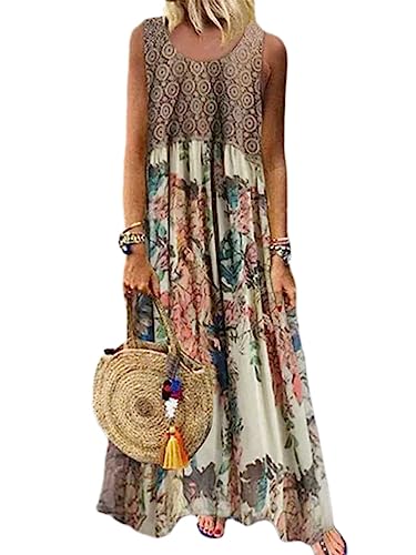 Onsoyours Sommerkleid Damen Leinen Kleider Casual V-Ausschnitt Midikleid A-Linie Kleid Strandkleid T-Shirt Kleider Lässiges Rundhals Boho Vintage Partykleid Tunika Kleid C Khaki 48 von Onsoyours