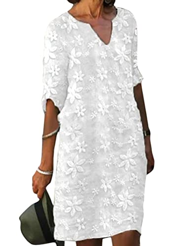 Onsoyours Sommerkleid Damen Leinen Kleider Casual V-Ausschnitt Minikleid Kurzarm/Ärmellos A-Linie Kleid Strandkleid Boho Lose Swing Lässig T-Shirt Kleid A8 Weiß S von Onsoyours