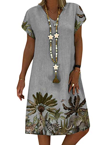 Onsoyours Sommerkleid Damen Leinen Kleider Damen V-Ausschnitt Strandkleider Einfarbig A-Linie Patchwork Freizeitkleid Boho Knielang Kleid Ohne Zubehör Z1 Grau 38 von Onsoyours