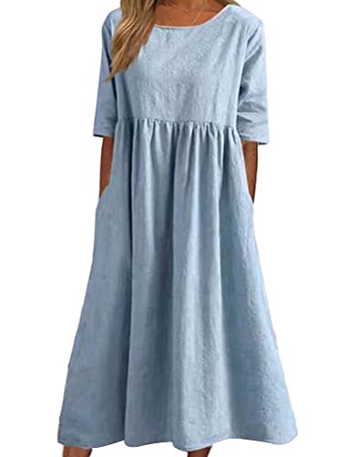 Onsoyours Sommerkleid Damen Leinenkleider Casual Rundhalsausschnitt Kurzarm Freizeitkleid Strandkleider Boho Langes Kleid mit Taschen Sommer A Hellblau S von Onsoyours