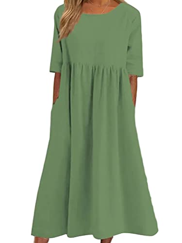 Onsoyours Sommerkleid Damen Leinenkleider Casual Rundhalsausschnitt Kurzarm Freizeitkleid Strandkleider Boho Langes Kleid mit Taschen Sommer A Hellgrün 3XL von Onsoyours