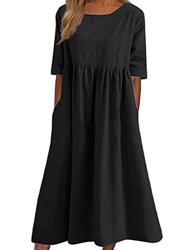 Onsoyours Sommerkleid Damen Leinenkleider Casual Rundhalsausschnitt Kurzarm Freizeitkleid Strandkleider Boho Langes Kleid mit Taschen Sommer A Schwarz XS von Onsoyours