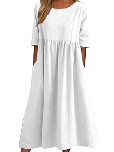 Onsoyours Sommerkleid Damen Leinenkleider Casual Rundhalsausschnitt Kurzarm Freizeitkleid Strandkleider Boho Langes Kleid mit Taschen Sommer A Weiß XXL von Onsoyours