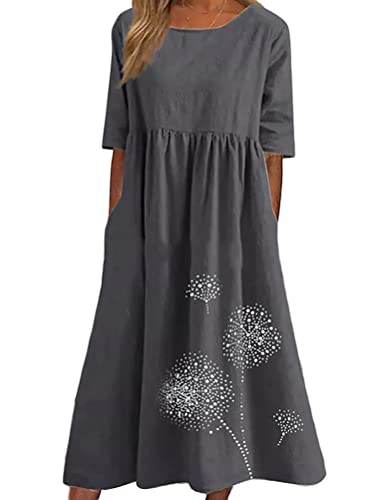 Onsoyours Sommerkleid Damen Leinenkleider Casual Rundhalsausschnitt Kurzarm Freizeitkleid Strandkleider Boho Langes Kleid mit Taschen Sommer B Dunkelgrau 3XL von Onsoyours