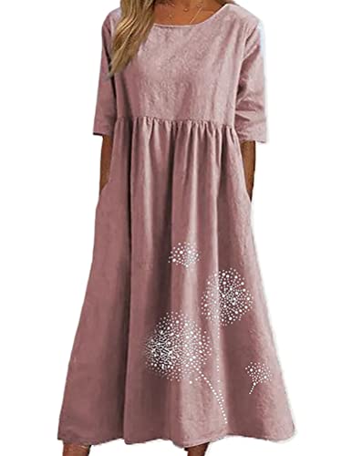 Onsoyours Sommerkleid Damen Leinenkleider Casual Rundhalsausschnitt Kurzarm Freizeitkleid Strandkleider Boho Langes Kleid mit Taschen Sommer B Rosa 3XL von Onsoyours