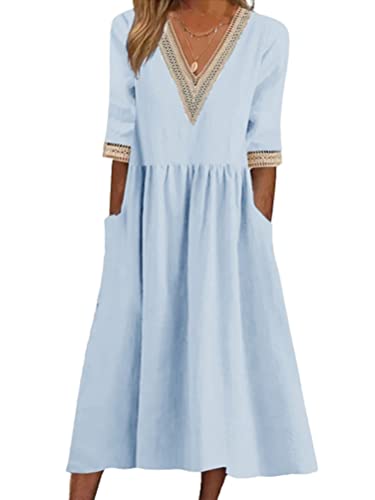 Onsoyours Sommerkleid Damen Leinenkleider Casual Rundhalsausschnitt Kurzarm Freizeitkleid Strandkleider Boho Langes Kleid mit Taschen Sommer C Blau M von Onsoyours