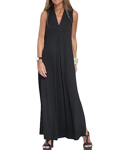 Onsoyours Sommerkleid Damen Maxikleid V Ausschnitt Casual Locker Lang Kleider Schlitz Elegant Freizeitkleid Einfarbige Partykleid Ärmelloses Dress Strandkleid Urlaubskleid A Schwarz XL von Onsoyours