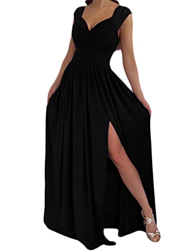 Onsoyours Sommerkleid Damen Rückenfrei Maxikleid Strandkleid V-Ausschnitt Ärmellos Elegant Cocktailkleid Einfarbig Hochzeit Brautjungfernkleid Bodenlang Partykleid B Schwarz L von Onsoyours